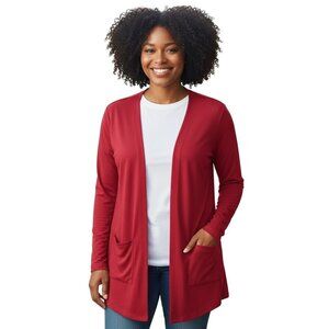 Red Open Front Long Sleeve Cardigan With Pockets